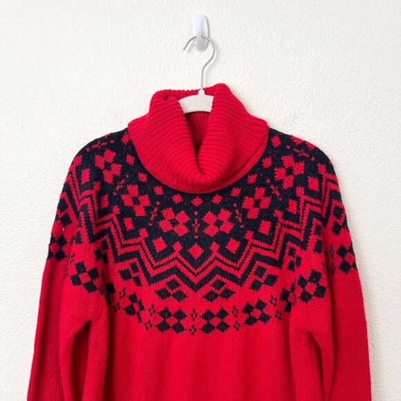 [Tommy Hilfiger] Red Black Fair Isle Nordic Print Chunky Turtleneck Sweater XL - Picture 4 of 12